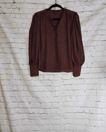 Nwot Anne Taylor Chocolate Long Sleeve V Neck Button Front Blouse SZ Petite XS