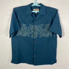 Paradise Found Shirt Mens Medium Blue Green Hawaiian Silk Blend Floral Island