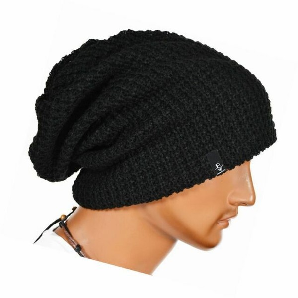 Mens Slouchy Long Beanie Knit Cap Summer Winter Oversize B08 Black