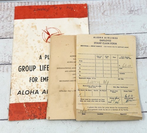 Vintage Aloha Airlines Lot (3) Hawaiian Aviation Employee Handbook Insurance etc
