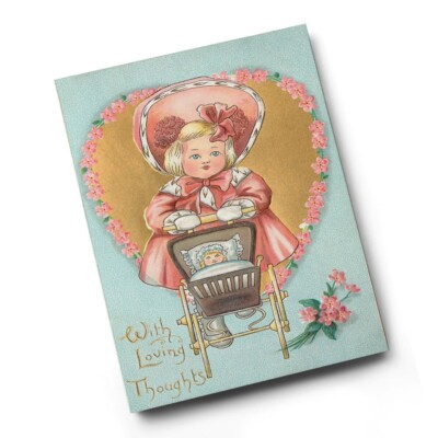 A4 DRUCK - Vintage Valentinstag - Mädchen in rot schiebender Kinderwagen mit Puppe