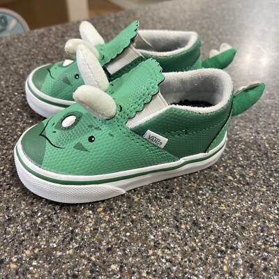 Vans Green Triceratops Dinosaur Slip On Sneakers Shoes Toddler