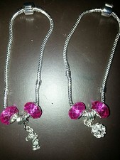 Bracelet Charms-teddy bear silver plated-pink glass beads - choose one