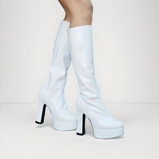 60s 70s KNEE HIGH PATENT BOOTS retro Gogo hippy disco high chunky heel UK5-12
