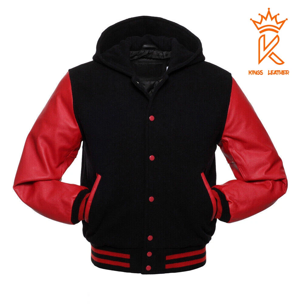 Lettermen Bomber Baseball Black Wool Hoodie Varsity Jacket Red Leather Sleeves