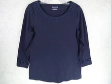 Talbots Womens XS Navy Blue 3/4 Sleeve Blouse w/ Neck & Cuff Pattern