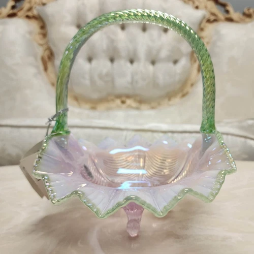 FENTON GLASS BASKET ROSEMILK / green Apple handle 9" 5739 NH footed