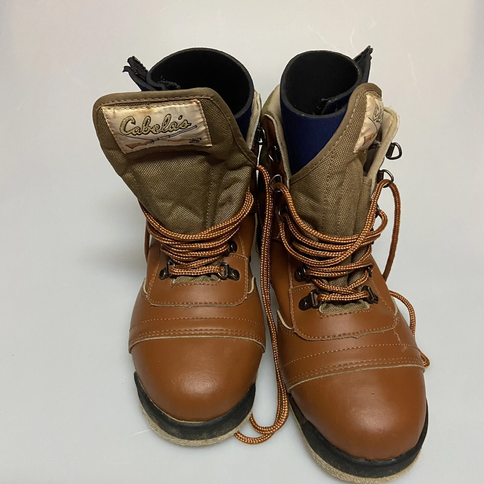 Cabelas Felt Bottom Faux Leather Wader Boots Size 8 with Zip-Up Insulation Pads