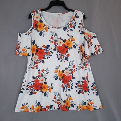 Women's White Floral Cold Shoulder Top 2XL Polyester Spandex Scoop Neck