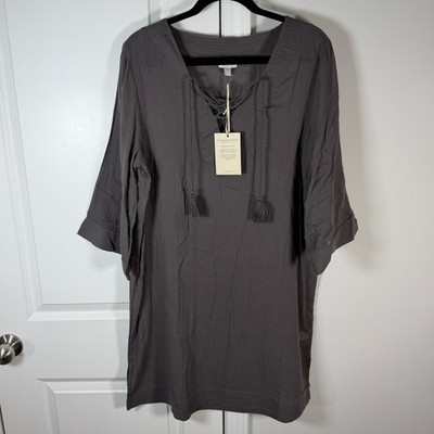 garnet hill organic cotton embroidered gauze tunic dress Garnet Hill Organic Cotton Gauze Tunic Dress Gray Boho Tassel V-Neck Medium  NWT