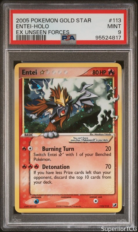 Entei Holo 113/115 Gold Star Unseen Forces Pokemon PSA 9