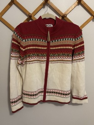 Tiara International Geometric Full Zip Knit Cardigan Sweater Red Ivory L