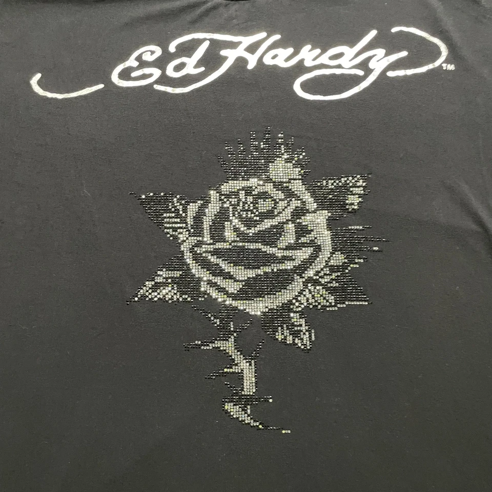 Ed Hardy by Christian Audigier Shirt Mens 2XL Black Long Sleeve Rhinestone Rose - Image 2 of 4