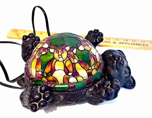 Stained Glass Style Lid Bear Lamp w/Bears Belly Tiffany Style Vintage WORKS