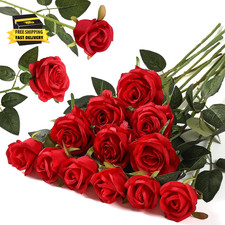 12PCS Artificial Flowers Fake Roses, Realistic Silk Long Stem Red Roses Bouquet