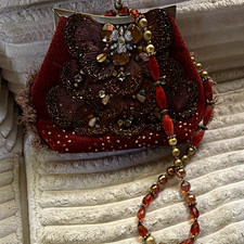Mary Frances Burgundy Floral Beaded Clutch, Kiss Lock Closure, Chain Strap