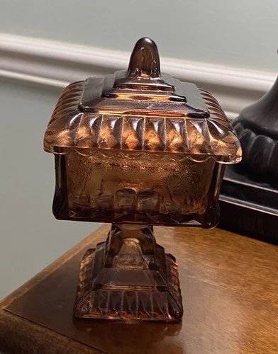 Vtg Jeanette Glass Small 6.5" Wedding Cake Bowl Box Brown Rose Pedestal Carnival