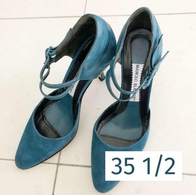 Seltene Manolo Blahnik blaue spitz zulaufende Wildleder-Slingback-Heels Damen...