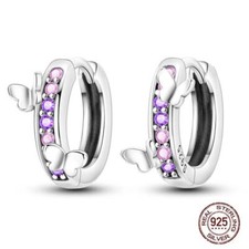 Butterfly Sterling Silver Huggie Hoop Earrings with Pink Purple Zircons S925