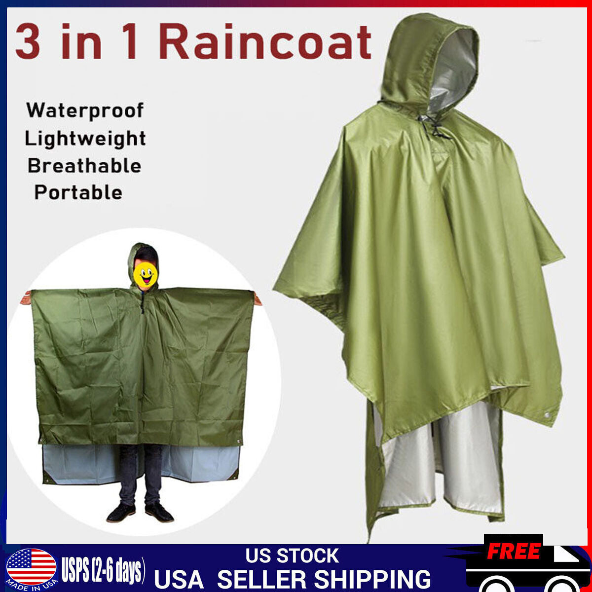 3-in-1 Waterproof Rain Poncho with Backpack Cover for Hiking-image
