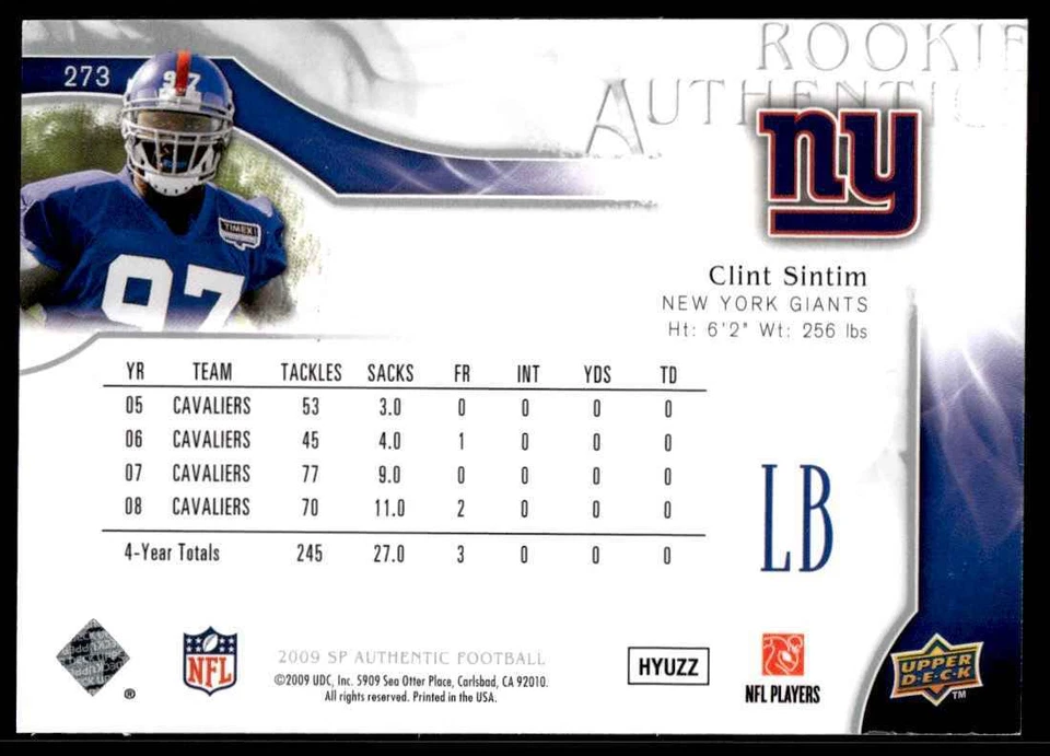 2009 SP Authentic Clint Sintim Rookie 212/999 New York Giants #273 R34 - Image 2 of 2