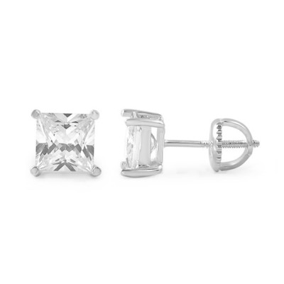 Sterling Silver Princess Cut AAA CZ Stud Earrings Screwback