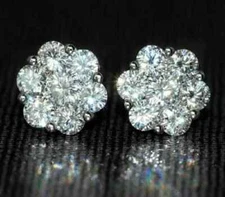 3CT Round Lab Created Diamond Cluster Stud Earrings 14K White Gold Plated Silver