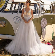 Wedding Dress Boho Sleeveless A-Line V-neck Open Back Beach Bride Gown Princess
