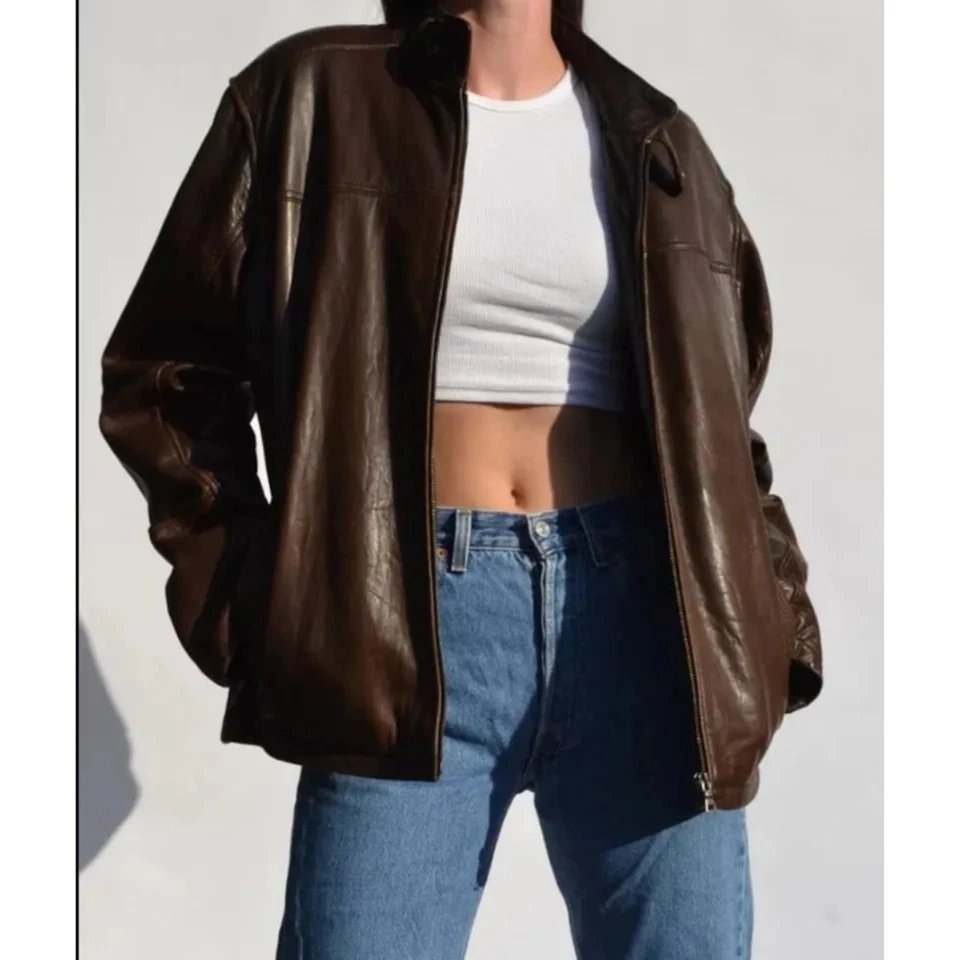 Mujer Moda Años 80 Chaqueta de Cuero Estilo Vintage Marrón Gran Tamaño Bombardero para Mujer