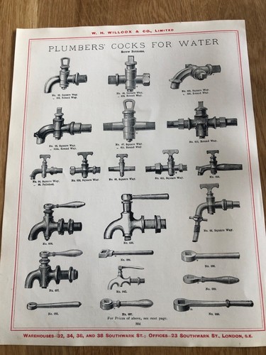 1917 w.h. willcox of london double sided print ! plumbers cocks for water