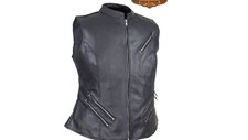 Women's Large Motorcycle Leather Collar Vest Zipper Closure Black - Multi Pocket