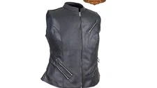 Women's Large Motorcycle Leather Collar Vest Zipper Closure Black - Multi Pocket