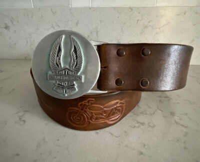 HARLEY DAVIDSON 60'S BELT BUCKLE WITH LEATHER BELT With Motorcycles EAGLE WING