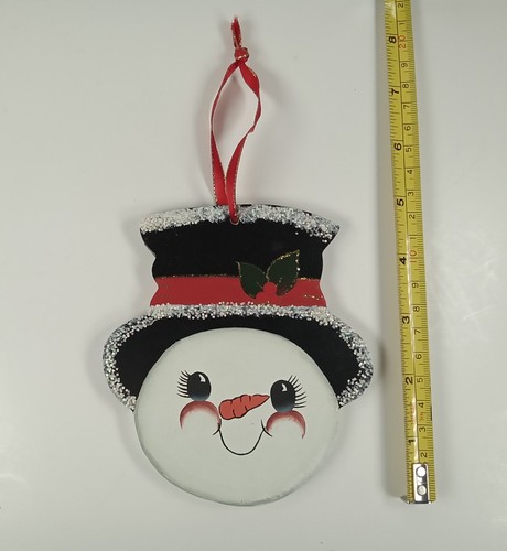 Wooden Top Hat Snowman Head Christmas Ornament w/ Glitter Accents Hanging Ribbon - Picture 3 of 3
