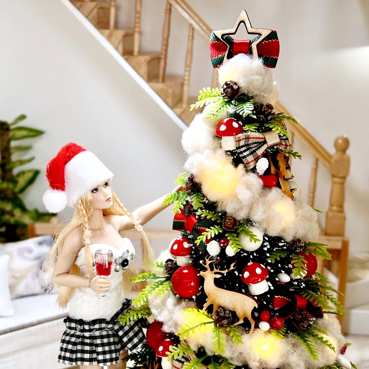 Dollhouse miniature Christmas tree with lights, farmhouse tree