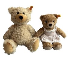Vintage Steiff Teddy Bear Duo 11" 9.5" Plush Collectibles W/ Pink Dress