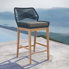 Modway Wellspring Outdoor Patio Teak and Woven Rope Bar Stool in Blue Graphite