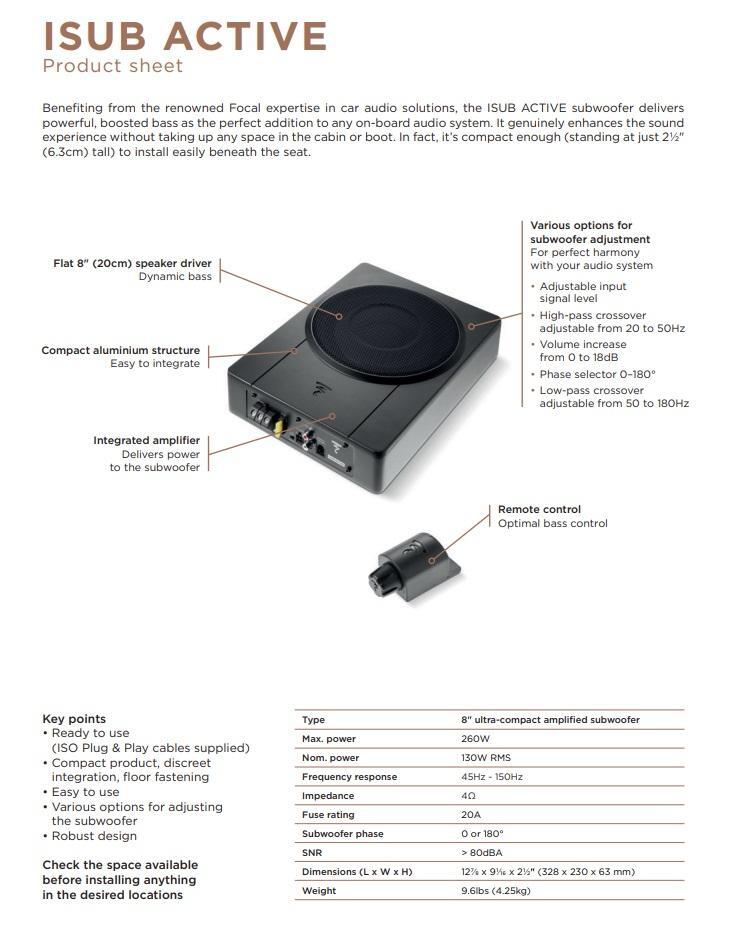Focal Isub-Active Inside Active Subwoofer 260 Watt FOAKAPIACT00000 ISUB ...