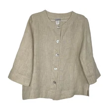 VTG Comfy USA Linen Button Front Top Size S Beige Boxy Coastal Neutral Minimal