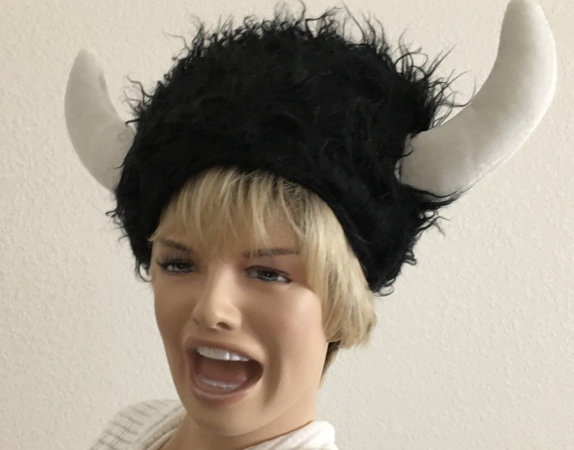 White Black Plush Bull Horns Helmet Costume Hat One… Gem