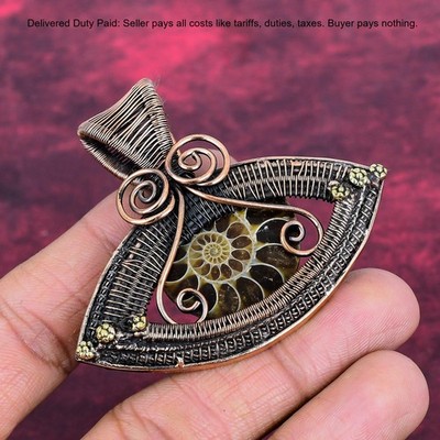 Copper Natural Ammonite Fossil Boho Twisted Wire Wrapped Wife Pendant Jewelry