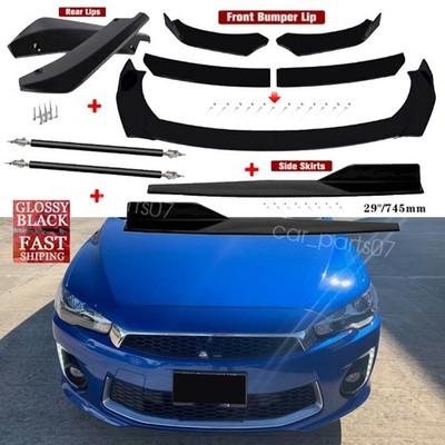 For Mitsubishi Lancer 08-17 BLK Front Bumper Lip Splitter+Side Skirt+Strut Rods