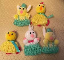 Set Of Vintage Easter decorations crocheted pom pom handmade egg covers.
