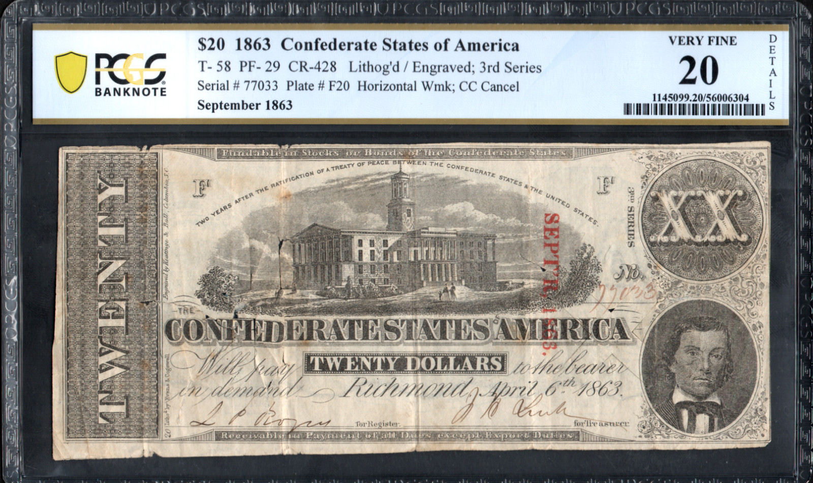 PCGS 20! 1863 CONFEDERATE STATES T-58 $20 NOTE