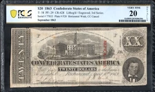 PCGS 20! 1863 CONFEDERATE STATES T-58 $20 NOTE