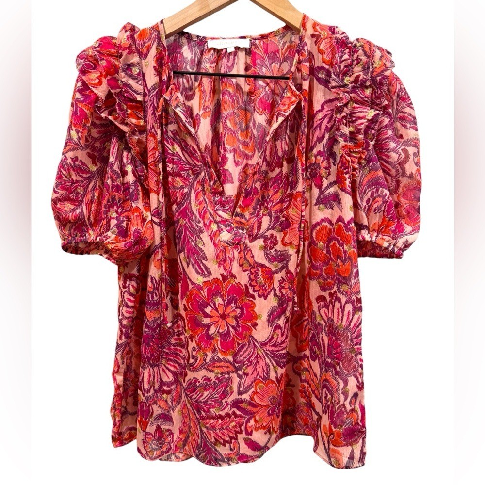 Boutique Pink Fuchsia Metallic Floral Print Ruffled Puff Short Sleeve Blouse- S