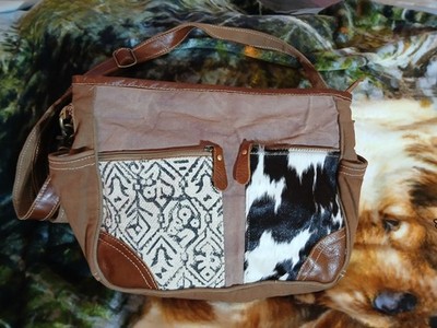 VNTG MYRA BAG 1 OF A KIND MESSENGER BAG/PURSE CANVAS & COWHIDE LEATHER 2 TONED!!