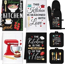 8 Pcs Cuisine Kitchen Decor Accessories Set Farmhouse Towels Oven Mitts Pot