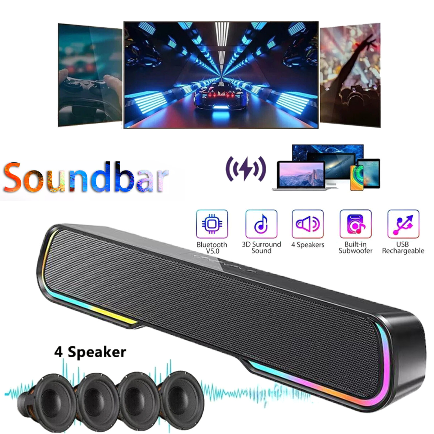 Wireless Surround Sound Bar 4 Speaker System Bluetooth Subwoofer Home Theater