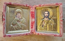 Vintage Folding Travel Icon Orthodox Diptych Christ Pantocrator Virgin Mary